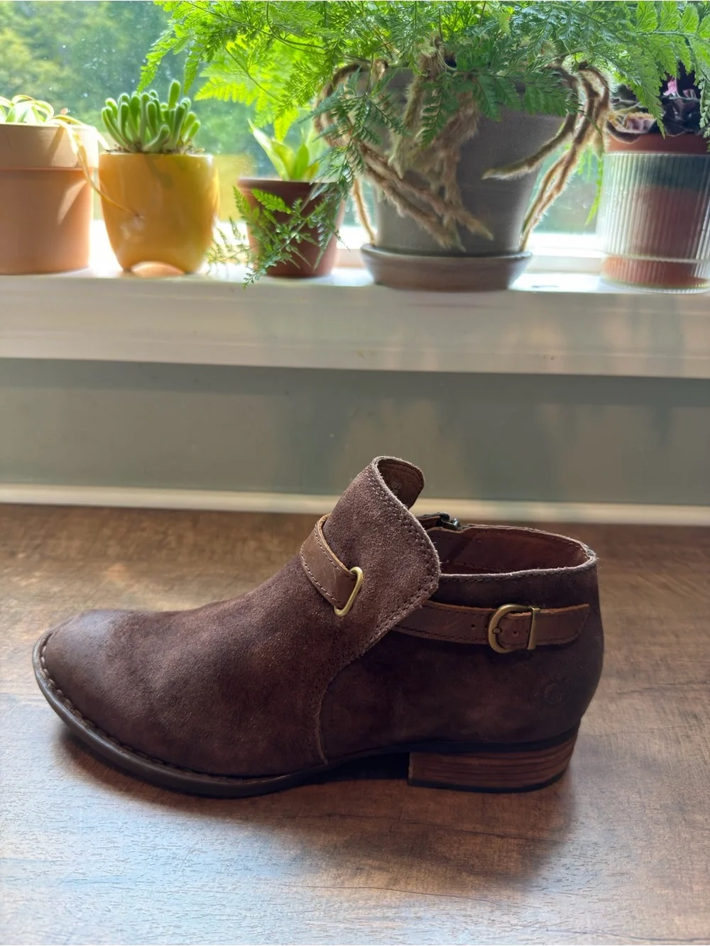 Born Brown Suede Ankle Boots Side Zip Buckle Strap Round Toe Women US 8 M